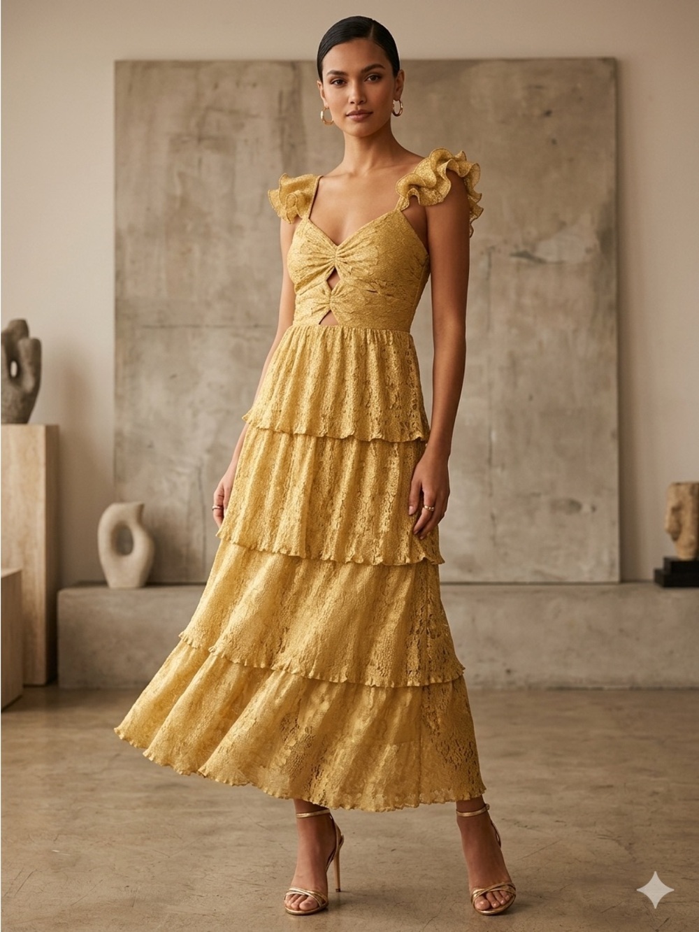 SAYLOR Anthropologie Women’s Small Gold Lace Cap Sleeve Semi Formal Maxi Dress